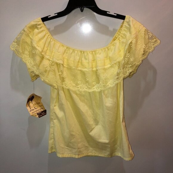 New Vintage Carefree Fashions XS Yellow Ruffle Lace Off The Shoulder Boho Blouse - Picture 6 of 11